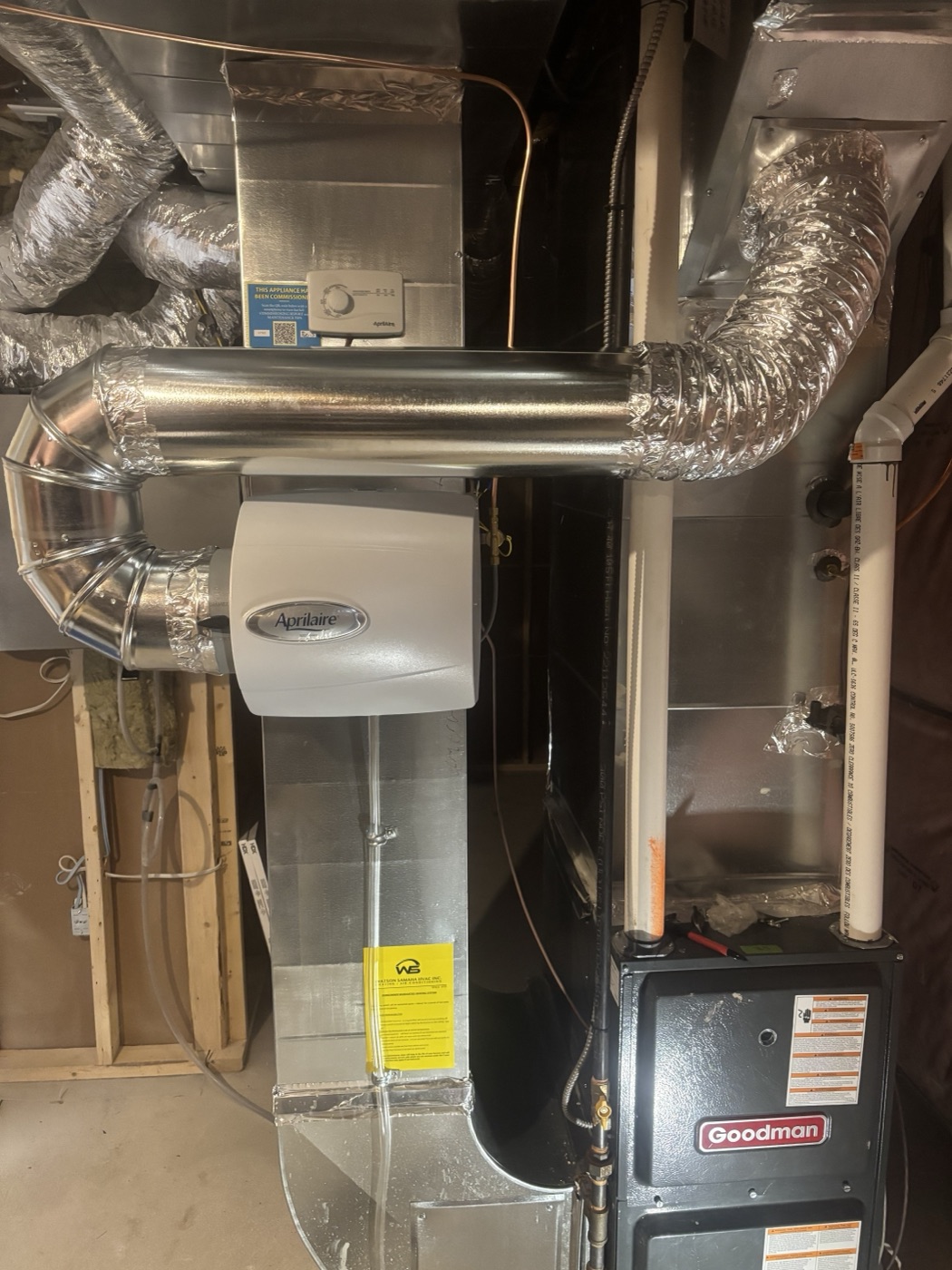 Aprilaire whole-home humidifier installed on ductwork by Olu HVAC
