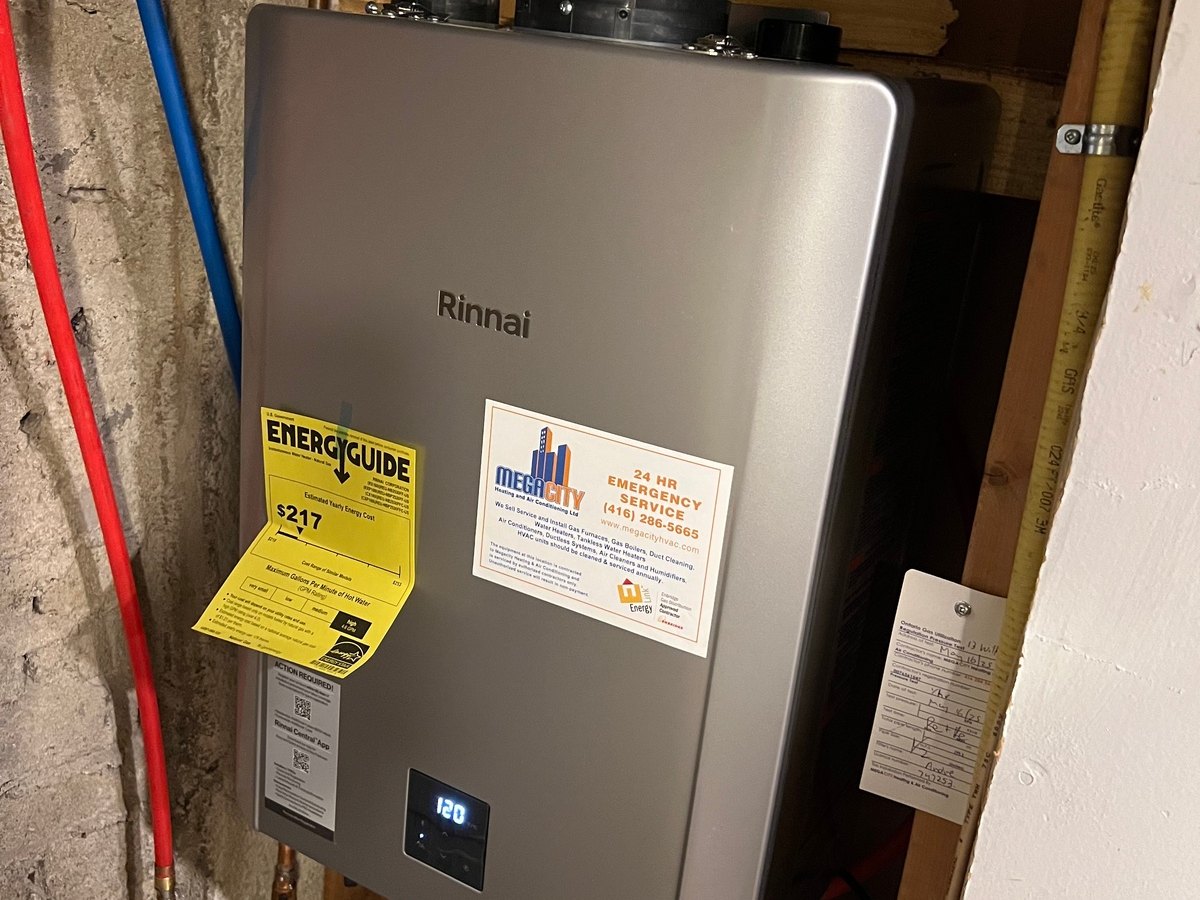 Tankless water heater equipment installed with wall-mounted access.