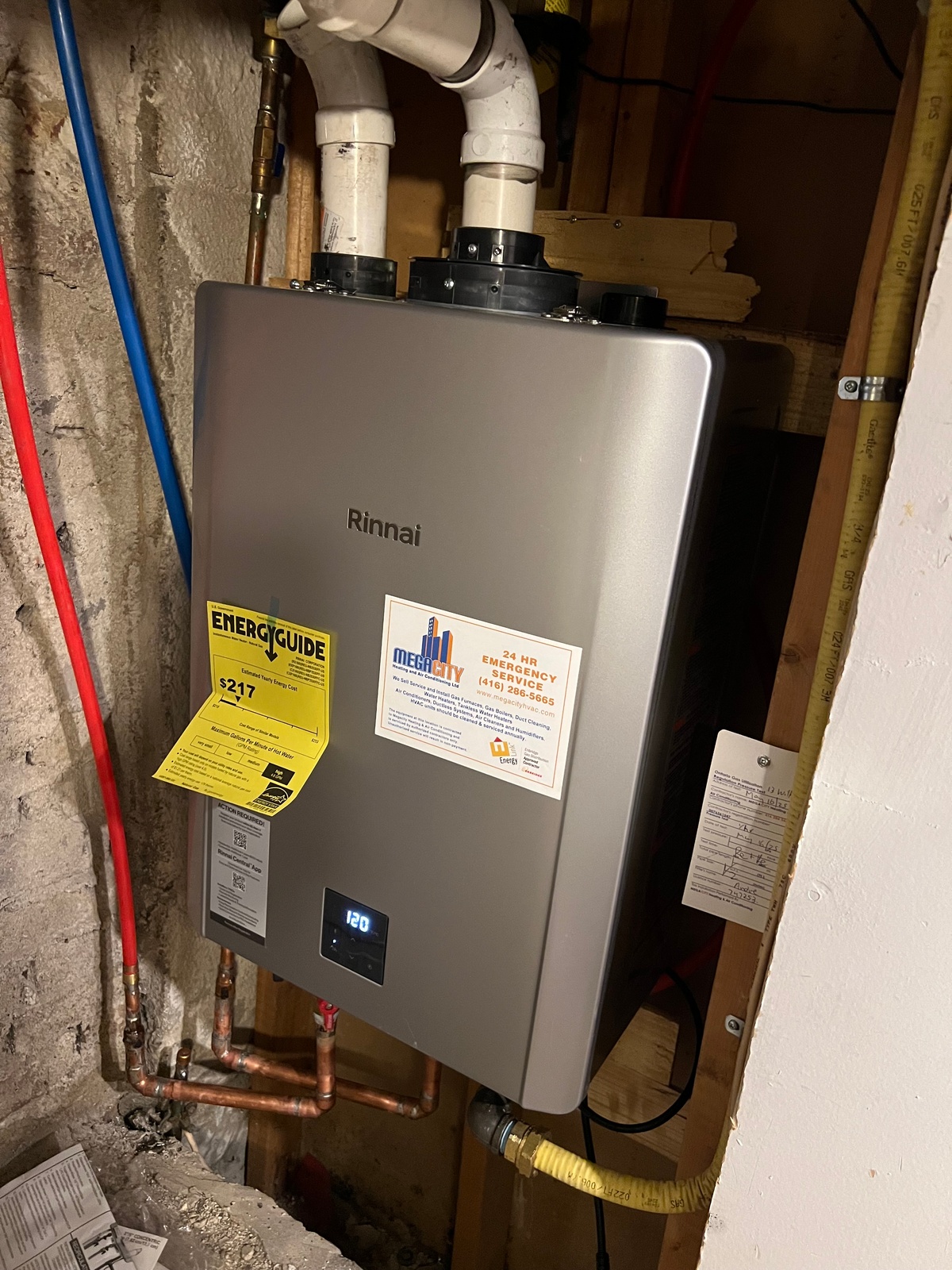 Tankless water heater equipment installed with wall-mounted access.